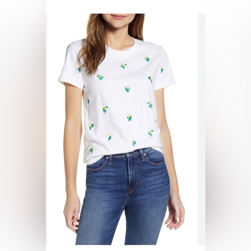 Lucky Brand 
White Tee with Green and Yellow Embroidery S